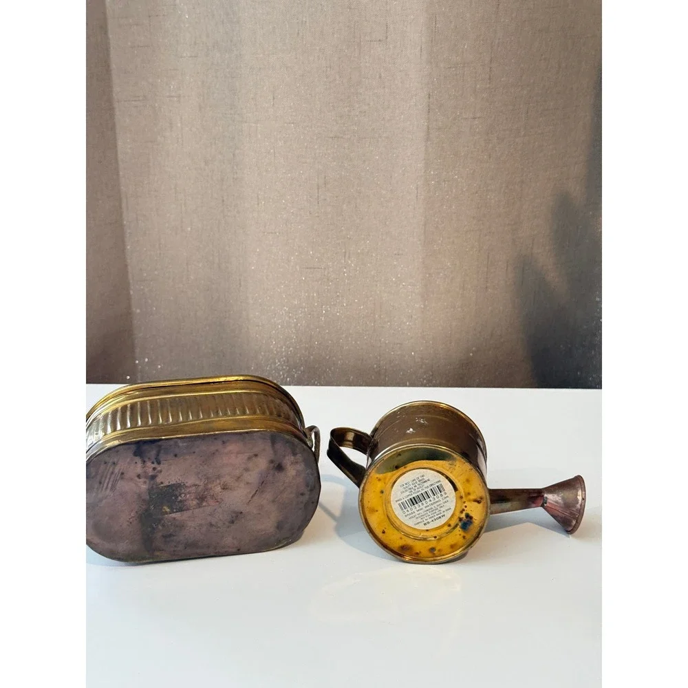 Hosley Solid Brass Decorative Mini Watering Can and Ribbed Oval Planter Set